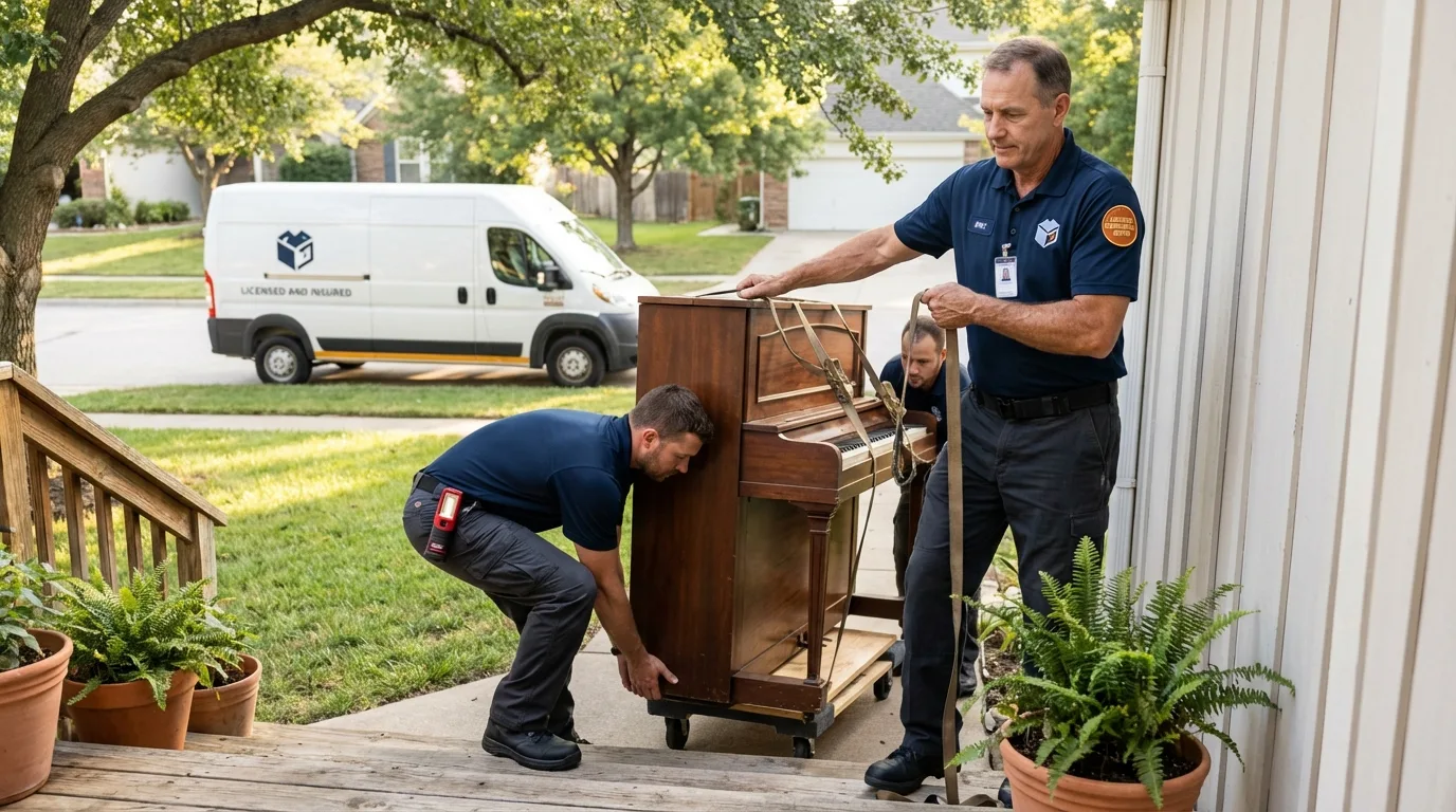 Licensed piano movers securing grand piano in Rogue River, OR