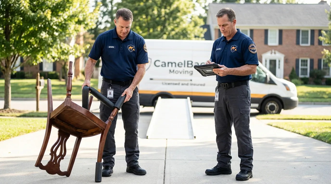 Movers inspecting furniture for damage prevention before loading in Rogue River, OR