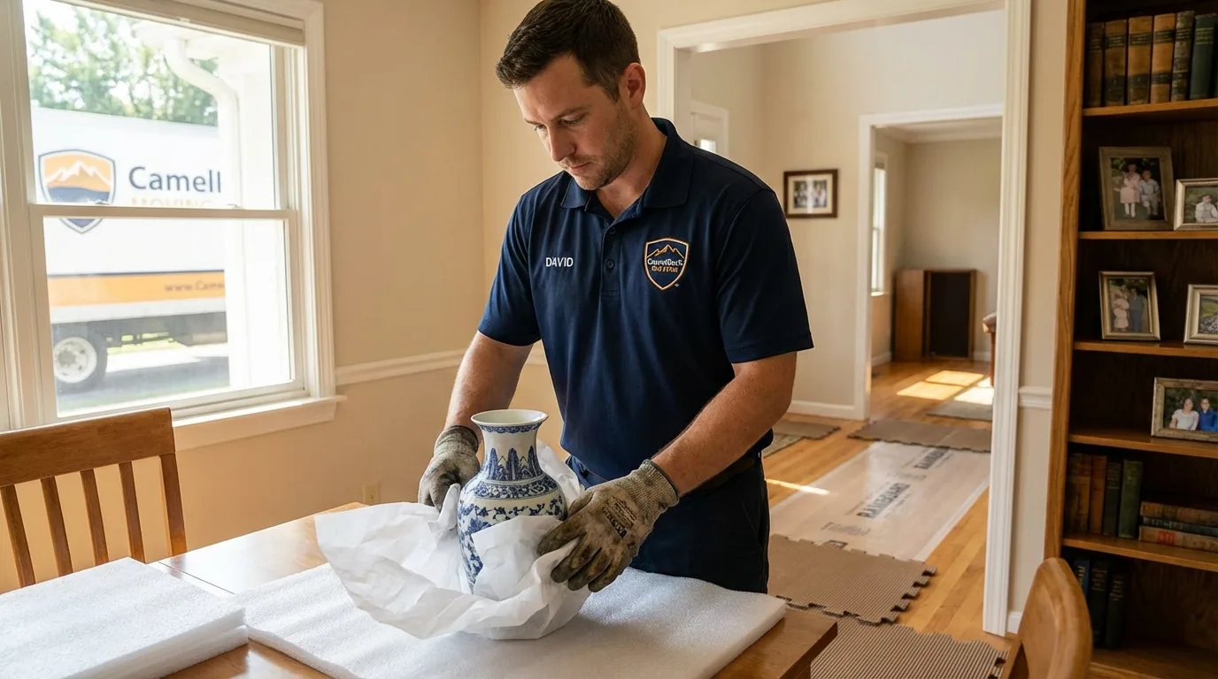 Professional crew carefully wrapping antique vase for senior downsizing move in Rogue River, OR