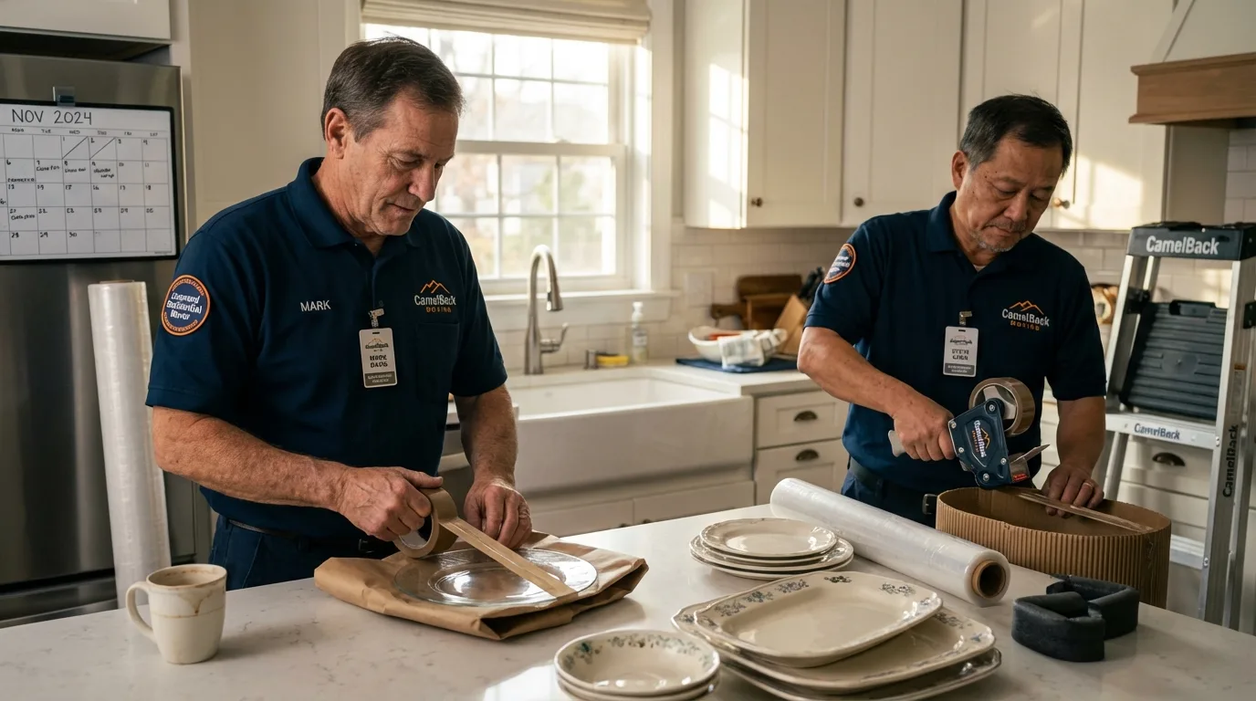 Professional crew packing kitchen dishware in Rogue River, OR